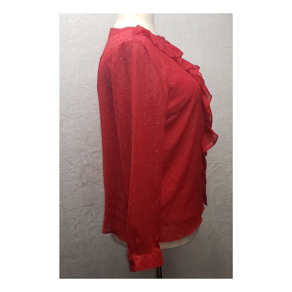 Jaclyn Smith Red Metallic Shimmer Blouse L Ruffle Sheer Victorian Whimsigoth Top - Picture 2 of 9